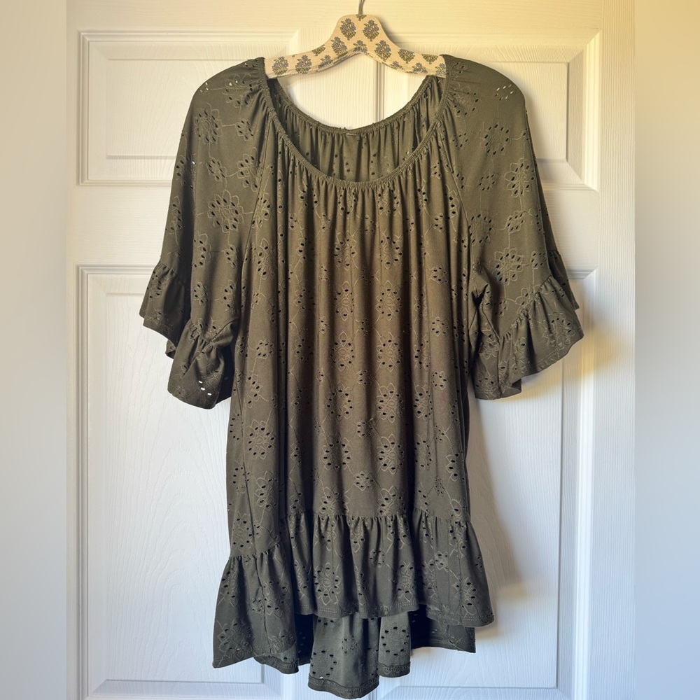 Olive Green Eyelet Ruffled Tunic Short Sleeve